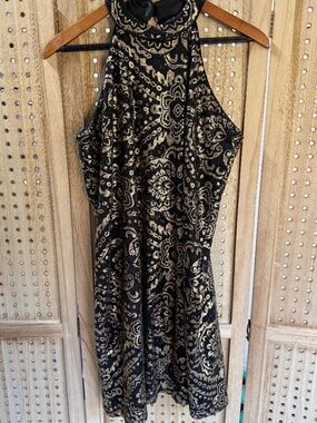 Alya Sequin Halter Dress Black Gold Party Cocktail Dress Large